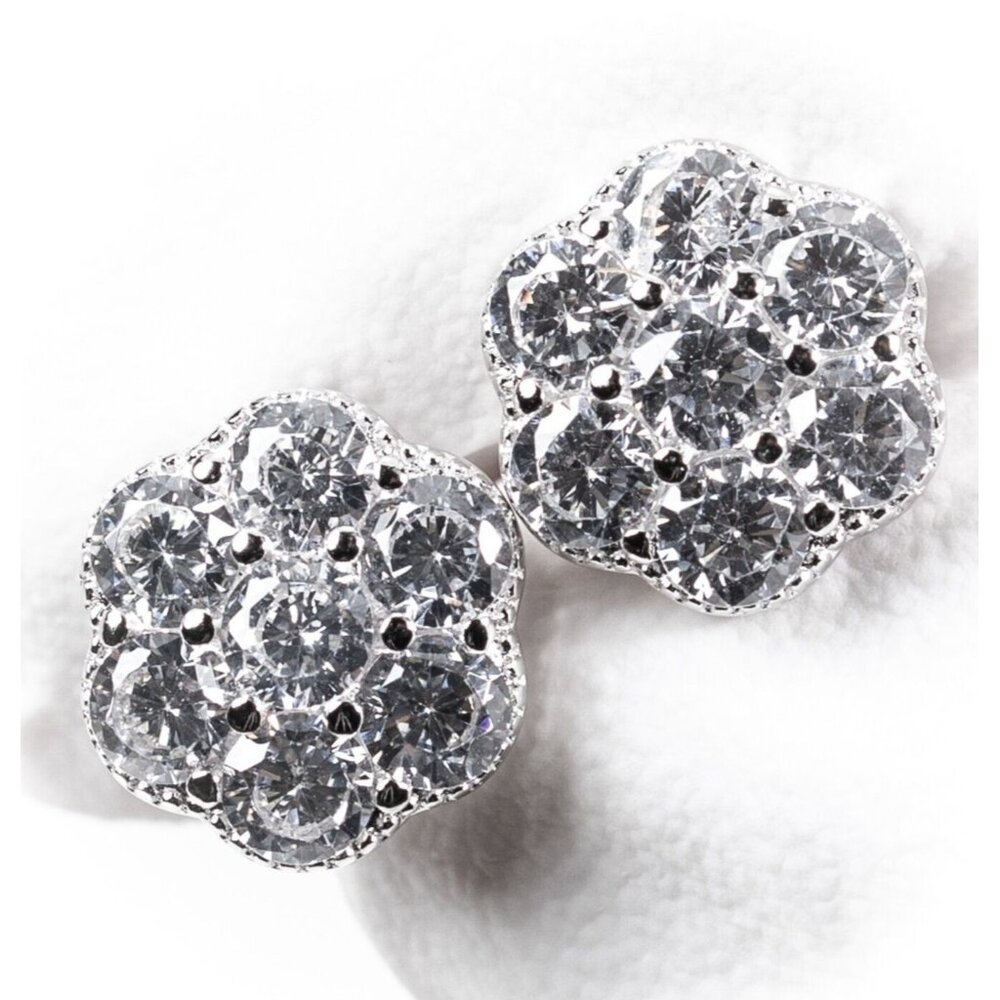 Men's Brilliant White Gold 925 Sterling Silver Iced Cz Flower Cluster Earrings